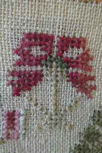 ANTIQUE 19th Century Embroidered Sampler with Letters and Floral Designs & Wild Strawberry Border