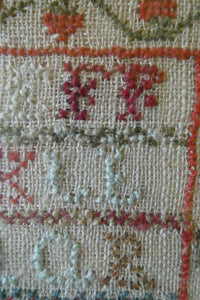 ANTIQUE 19th Century Embroidered Sampler with Letters and Floral Designs & Wild Strawberry Border