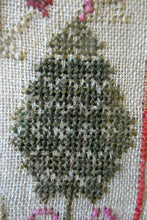 Load image into Gallery viewer, ANTIQUE 19th Century Embroidered Sampler with Letters and Floral Designs &amp; Wild Strawberry Border
