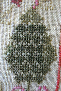 ANTIQUE 19th Century Embroidered Sampler with Letters and Floral Designs & Wild Strawberry Border