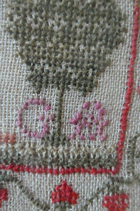 ANTIQUE 19th Century Embroidered Sampler with Letters and Floral Designs & Wild Strawberry Border