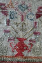 Load image into Gallery viewer, ANTIQUE 19th Century Embroidered Sampler with Letters and Floral Designs &amp; Wild Strawberry Border
