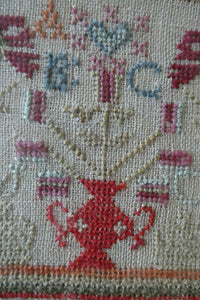 ANTIQUE 19th Century Embroidered Sampler with Letters and Floral Designs & Wild Strawberry Border