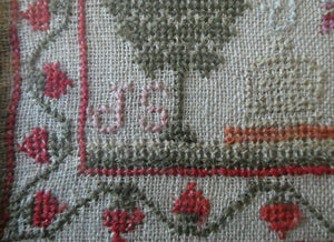 ANTIQUE 19th Century Embroidered Sampler with Letters and Floral Designs & Wild Strawberry Border