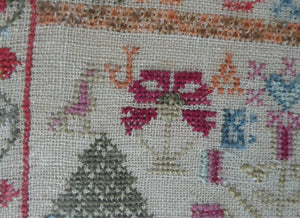 ANTIQUE 19th Century Embroidered Sampler with Letters and Floral Designs & Wild Strawberry Border