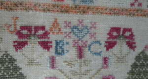 ANTIQUE 19th Century Embroidered Sampler with Letters and Floral Designs & Wild Strawberry Border