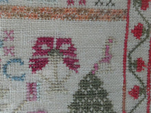 Load image into Gallery viewer, ANTIQUE 19th Century Embroidered Sampler with Letters and Floral Designs &amp; Wild Strawberry Border
