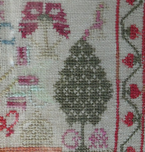 ANTIQUE 19th Century Embroidered Sampler with Letters and Floral Designs & Wild Strawberry Border