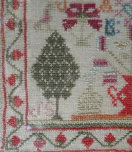 ANTIQUE 19th Century Embroidered Sampler with Letters and Floral Designs & Wild Strawberry Border