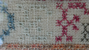 ANTIQUE 19th Century Embroidered Sampler with Letters and Floral Designs & Wild Strawberry Border