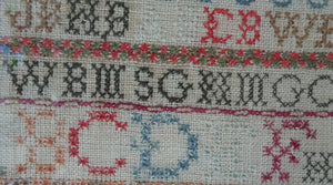 ANTIQUE 19th Century Embroidered Sampler with Letters and Floral Designs & Wild Strawberry Border