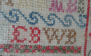 ANTIQUE 19th Century Embroidered Sampler with Letters and Floral Designs & Wild Strawberry Border