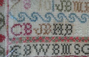 ANTIQUE 19th Century Embroidered Sampler with Letters and Floral Designs & Wild Strawberry Border