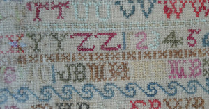 ANTIQUE 19th Century Embroidered Sampler with Letters and Floral Designs & Wild Strawberry Border