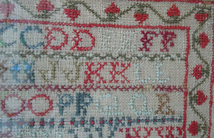 ANTIQUE 19th Century Embroidered Sampler with Letters and Floral Designs & Wild Strawberry Border