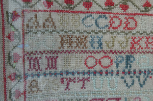 ANTIQUE 19th Century Embroidered Sampler with Letters and Floral Designs & Wild Strawberry Border