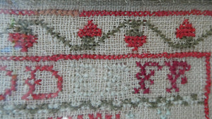 ANTIQUE 19th Century Embroidered Sampler with Letters and Floral Designs & Wild Strawberry Border