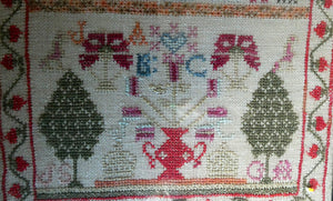ANTIQUE 19th Century Embroidered Sampler with Letters and Floral Designs & Wild Strawberry Border