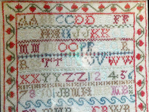 ANTIQUE 19th Century Embroidered Sampler with Letters and Floral Designs & Wild Strawberry Border
