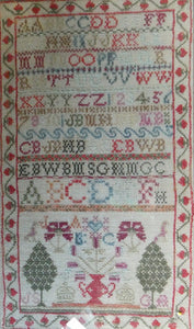 ANTIQUE 19th Century Embroidered Sampler with Letters and Floral Designs & Wild Strawberry Border