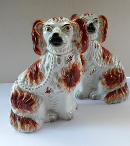 Red and White Patches. Antique Staffordshire Chimney Spaniels Dogs. Victorian