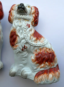 Red and White Patches. Antique Staffordshire Chimney Spaniels Dogs. Victorian