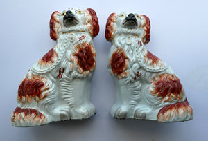 Red and White Patches. Antique Staffordshire Chimney Spaniels Dogs. Victorian