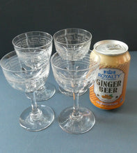 Load image into Gallery viewer, Set of FOUR Antique Cordial Glasses. Each with Etched Greek Key Pattern and Sliced Facets
