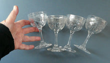 Load image into Gallery viewer, Set of FOUR Antique Cordial Glasses. Each with Etched Greek Key Pattern and Sliced Facets
