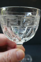 Load image into Gallery viewer, Set of FOUR Antique Cordial Glasses. Each with Etched Greek Key Pattern and Sliced Facets

