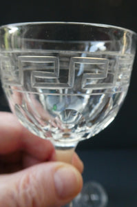 Set of FOUR Antique Cordial Glasses. Each with Etched Greek Key Pattern and Sliced Facets