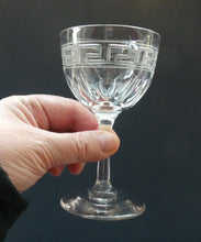 Load image into Gallery viewer, Set of FOUR Antique Cordial Glasses. Each with Etched Greek Key Pattern and Sliced Facets
