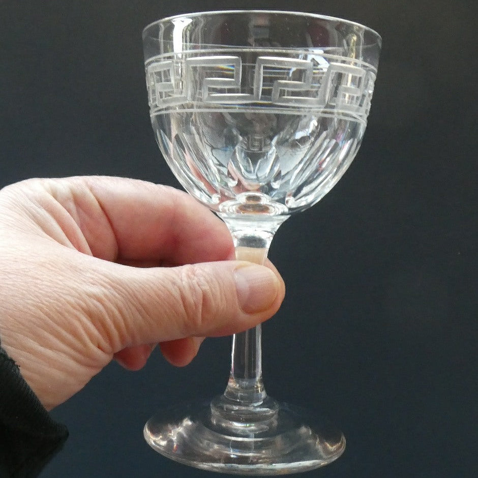 Set of FOUR Antique Cordial Glasses. Each with Etched Greek Key Pattern and Sliced Facets