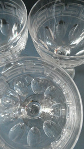 Set of FOUR Antique Cordial Glasses. Each with Etched Greek Key Pattern and Sliced Facets
