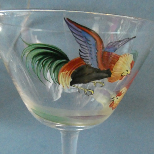Set of Six Vintage Cockerel Liqueur or Small Cocktails Glasses. Flare Bowl with Gold Rim