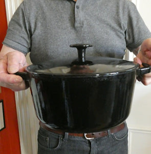 LARGE Vintage Black Enamel Cast Iron Lidded Casserole Pot