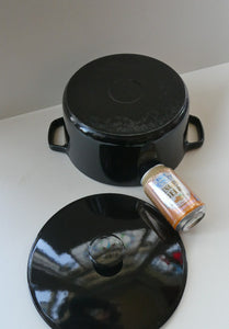 LARGE Vintage Black Enamel Cast Iron Lidded Casserole Pot