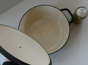 LARGE Vintage Black Enamel Cast Iron Lidded Casserole Pot