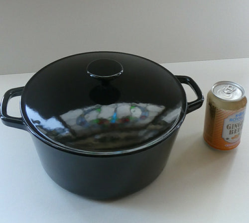 LARGE Vintage Black Enamel Cast Iron Lidded Casserole Pot