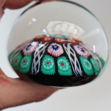 Load image into Gallery viewer, Fine VASART Scottish Glass Paperweight with 7 Short Spokes; with black ground, thick latticino spokes &amp; larger millefiori canes
