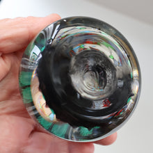 Load image into Gallery viewer, Fine VASART Scottish Glass Paperweight with 7 Short Spokes; with black ground, thick latticino spokes &amp; larger millefiori canes
