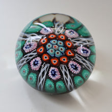Load image into Gallery viewer, Fine VASART Scottish Glass Paperweight with 7 Short Spokes; with black ground, thick latticino spokes &amp; larger millefiori canes
