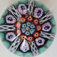 Load image into Gallery viewer, Fine VASART Scottish Glass Paperweight with 7 Short Spokes; with black ground, thick latticino spokes &amp; larger millefiori canes

