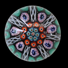 Load image into Gallery viewer, Fine VASART Scottish Glass Paperweight with 7 Short Spokes; with black ground, thick latticino spokes &amp; larger millefiori canes
