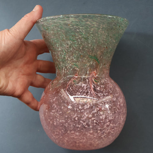Later 1980s PERTHSHIRE GLASS Art Glass Vase. Thistle Shaped mottled pink and green shades. 7 inches high