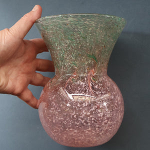 Later 1980s PERTHSHIRE GLASS Art Glass Vase. Thistle Shaped mottled pink and green shades. 7 inches high