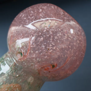 Later 1980s PERTHSHIRE GLASS Art Glass Vase. Thistle Shaped mottled pink and green shades. 7 inches high