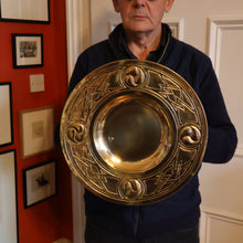 Load image into Gallery viewer, Antique GLASGOW SCHOOL Arts and Crafts Brass Wall Charger with Celtic Knotwork Pattern.  Fine Antique Metalwork
