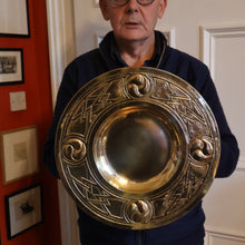Load image into Gallery viewer, Antique GLASGOW SCHOOL Arts and Crafts Brass Wall Charger with Celtic Knotwork Pattern.  Fine Antique Metalwork

