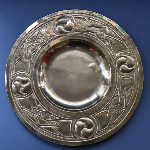 Antique GLASGOW SCHOOL Arts and Crafts Brass Wall Charger with Celtic Knotwork Pattern.  Fine Antique Metalwork